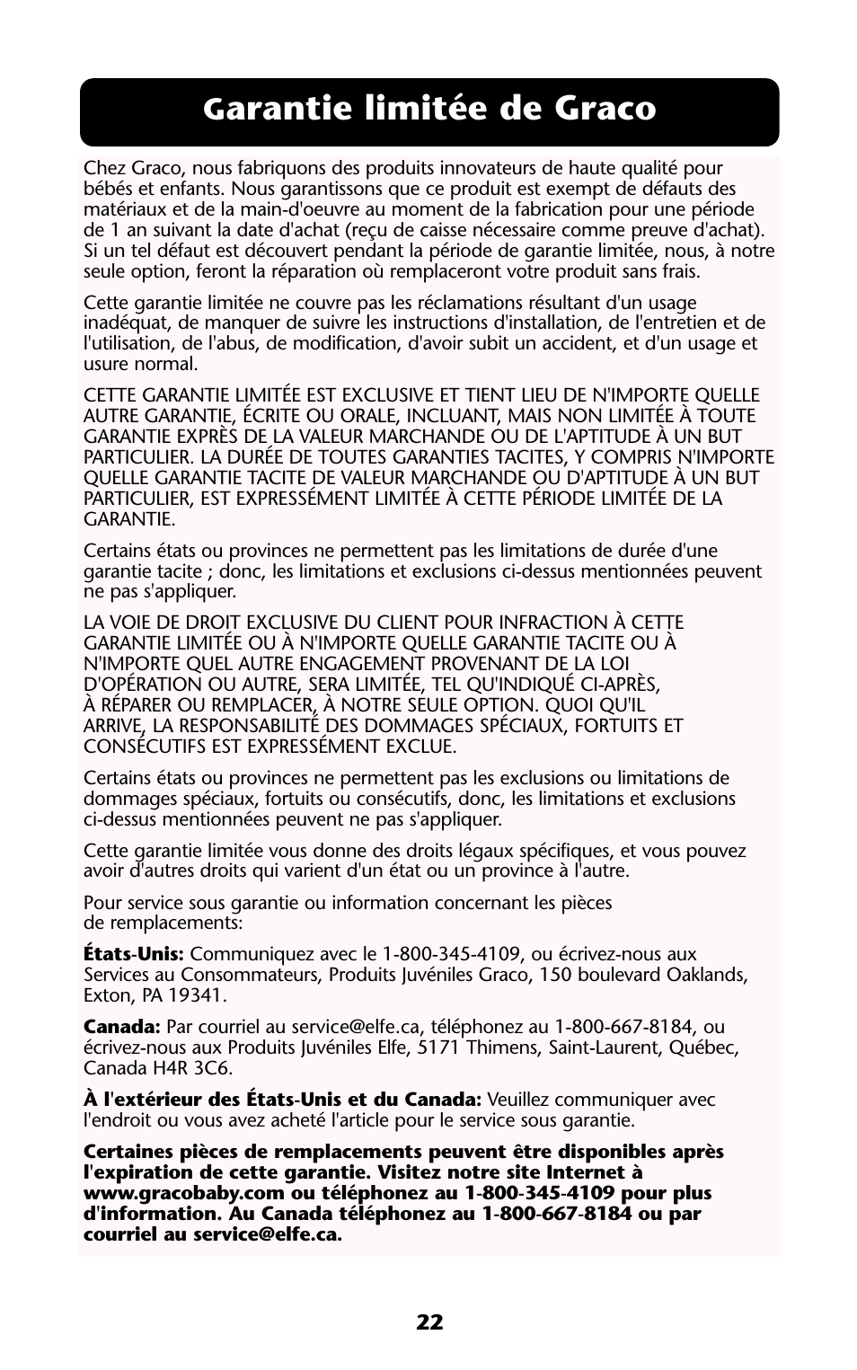Arantie limitée de graco | Graco ISPA114AB User Manual | Page 22 / 24