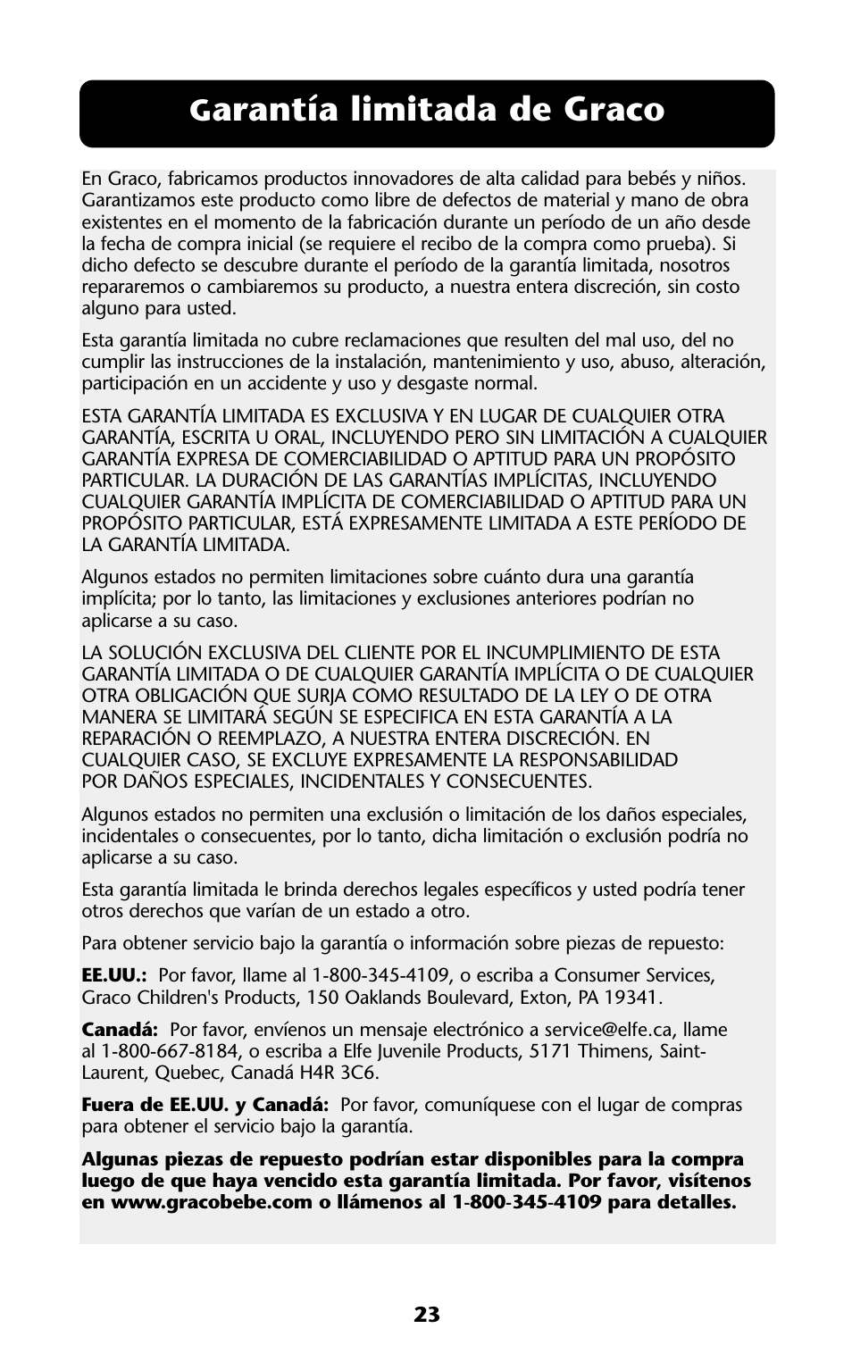 Arantía limitada de graco | Graco ISPA114AB User Manual | Page 23 / 24