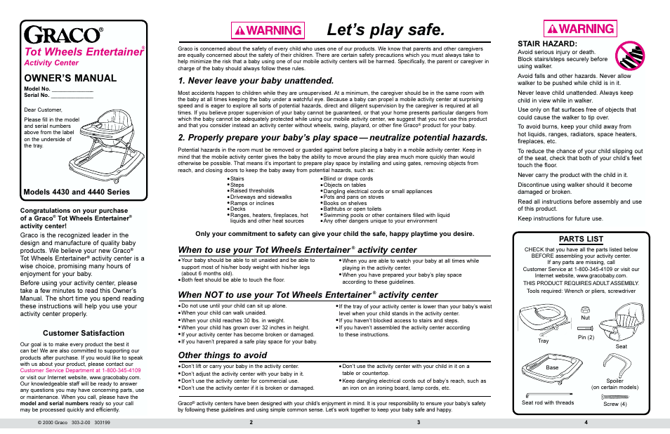 Lets play safe, Tot wheels entertainer, Owners manual | Other things to avoid, When not to use your tot wheels entertainer, Activity center, When to use your tot wheels entertainer, Never leave your baby unattended | Graco 4440 Series User Manual | Page 2 / 7