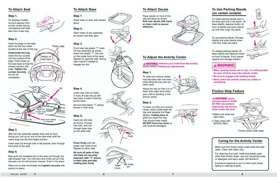 Caring for the activity center, Friction strip feature to attach decals | Graco 4440 Series User Manual | Page 3 / 7