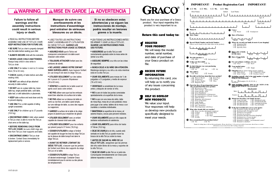 Warning advertencia mise en garde, Bm bl bn bt bu bs br bq bo bp cl cm cn co cp, Return this card today to | Important! product registration card important | Graco 3000 User Manual | Page 8 / 8