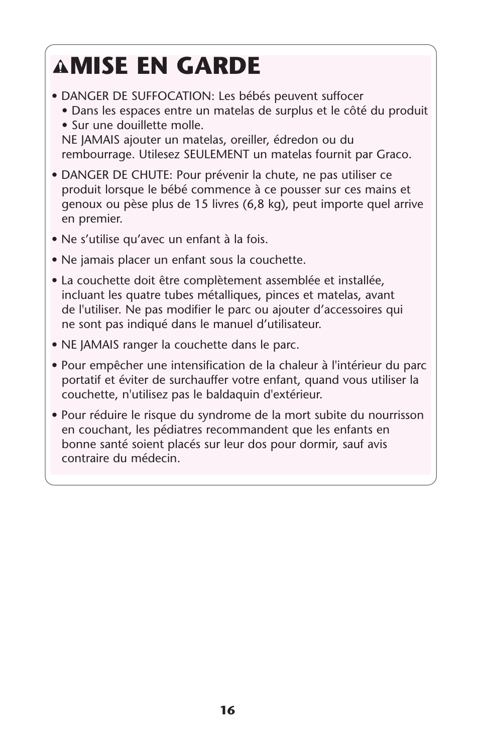 Mise en garde | Graco Graco User Manual | Page 16 / 36