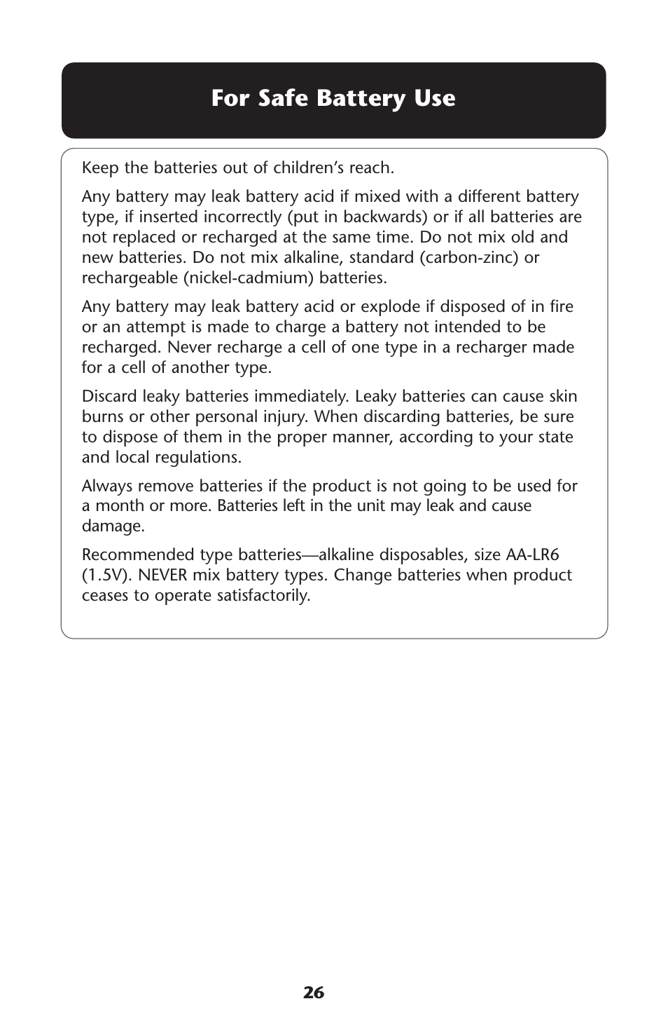 For safe battery use | Graco Graco User Manual | Page 26 / 36