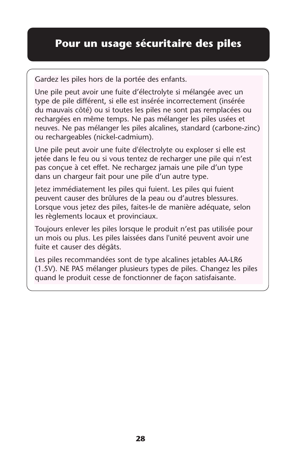 Pour un usage sécuritaire des piles | Graco Graco User Manual | Page 28 / 36