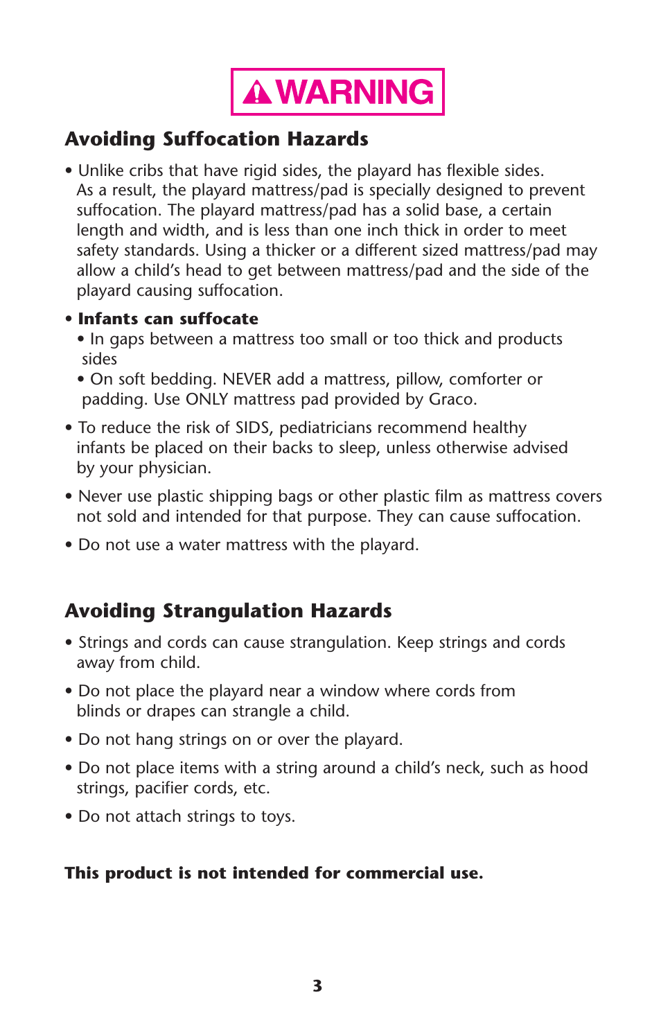 Avoiding suffocation hazards, Avoiding strangulation hazards | Graco Graco User Manual | Page 3 / 36