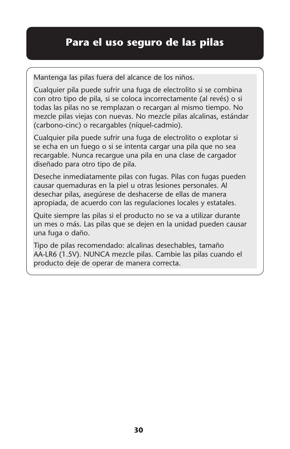 Para el uso seguro de las pilas | Graco Graco User Manual | Page 30 / 36