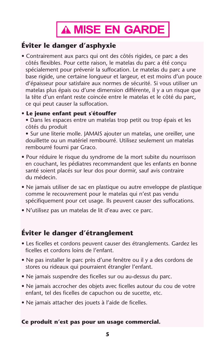 Éviter le danger d’asphyxie, Éviter le danger d’étranglement | Graco Graco User Manual | Page 5 / 36