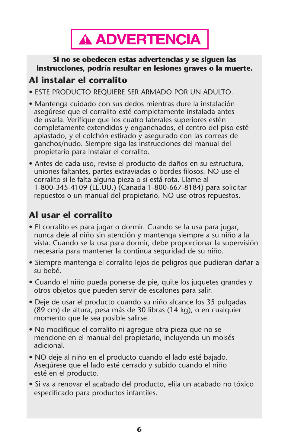 Al instalar el corralito, Al usar el corralito | Graco Graco User Manual | Page 6 / 36