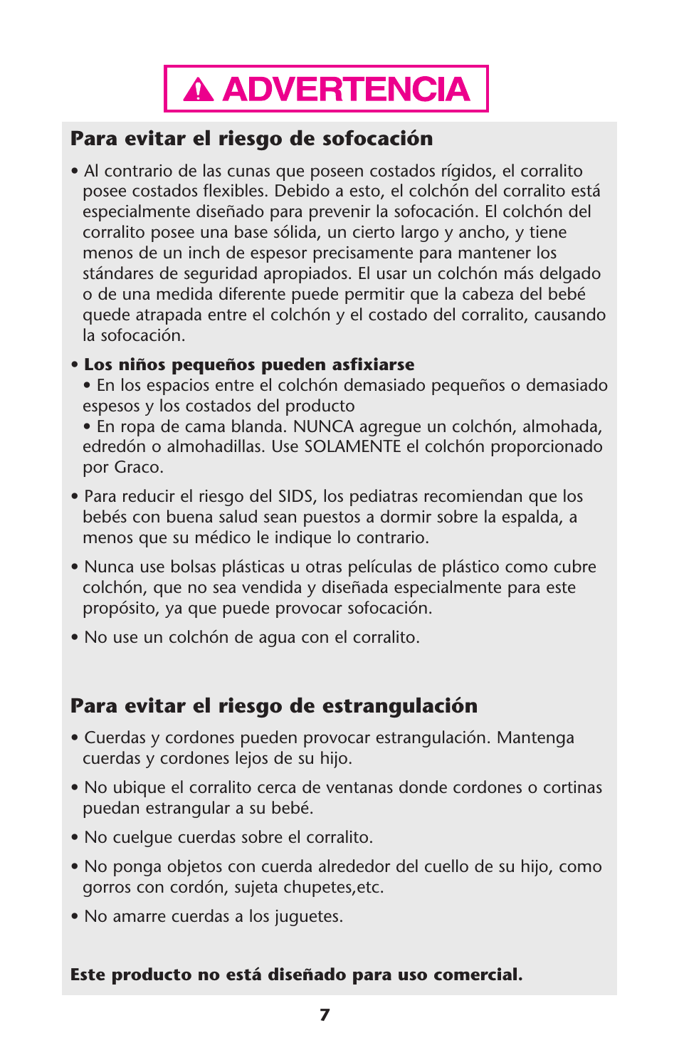 Para evitar el riesgo de sofocación, Para evitar el riesgo de estrangulación | Graco Graco User Manual | Page 7 / 36