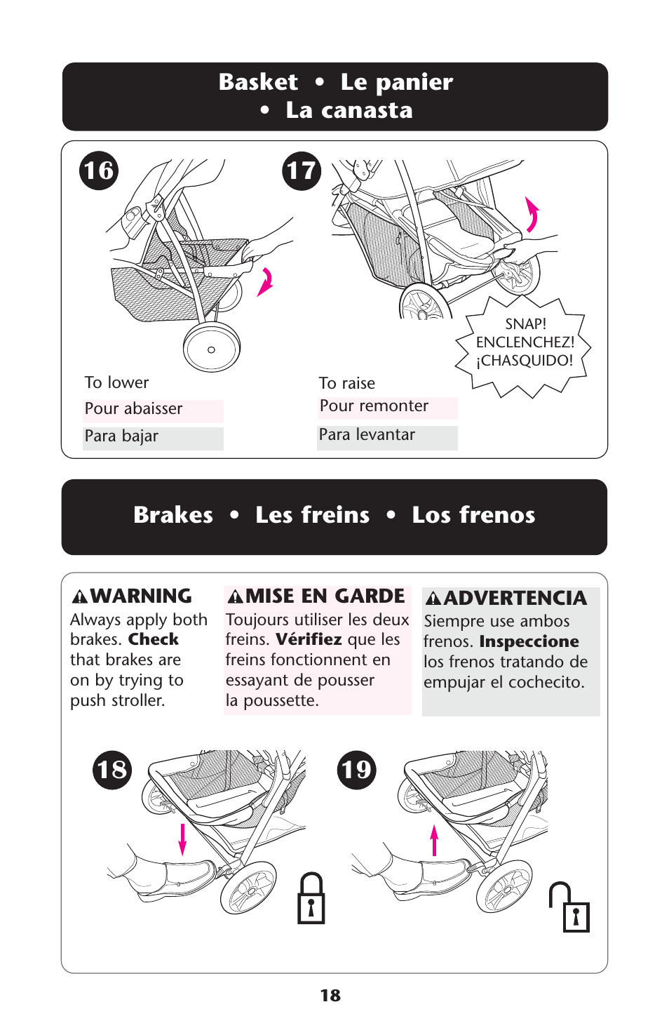 Basket • le panier • la canasta, Brakes • les freins • los frenos | Graco Spree ISPC089BB User Manual | Page 18 / 128