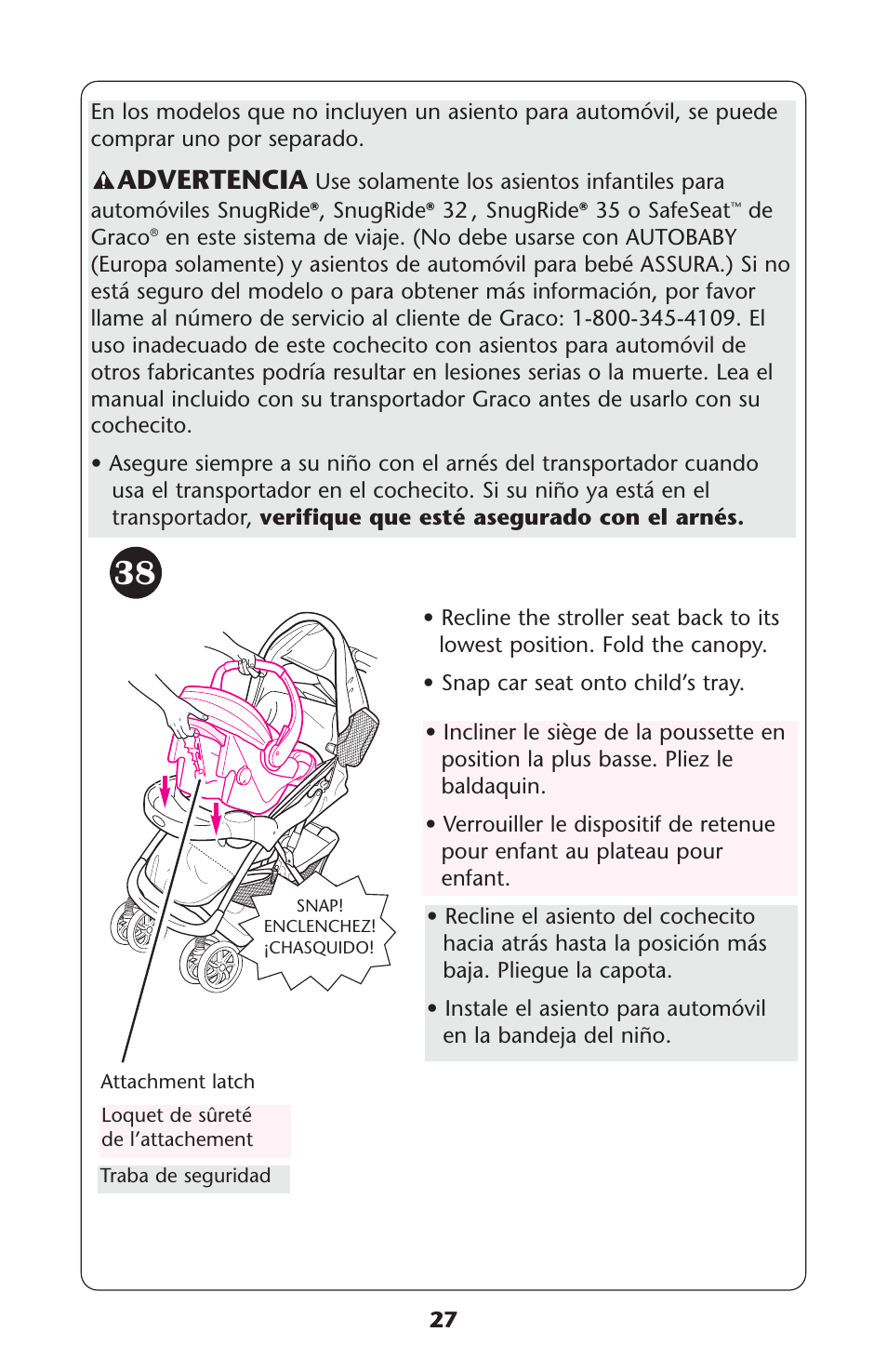 Advertencia | Graco Spree ISPC089BB User Manual | Page 27 / 128