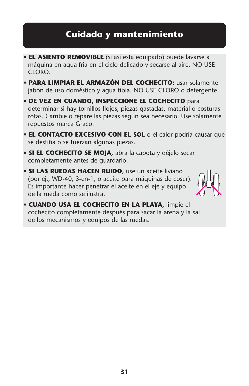 Cuidado y mantenimiento | Graco Spree ISPC089BB User Manual | Page 31 / 128