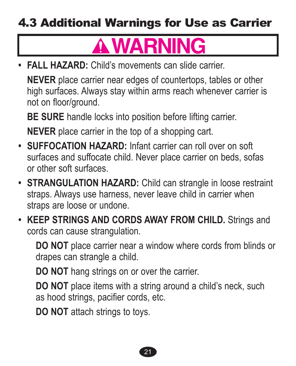 3 additional warnings for use as carrier | Graco Spree ISPC089BB User Manual | Page 53 / 128