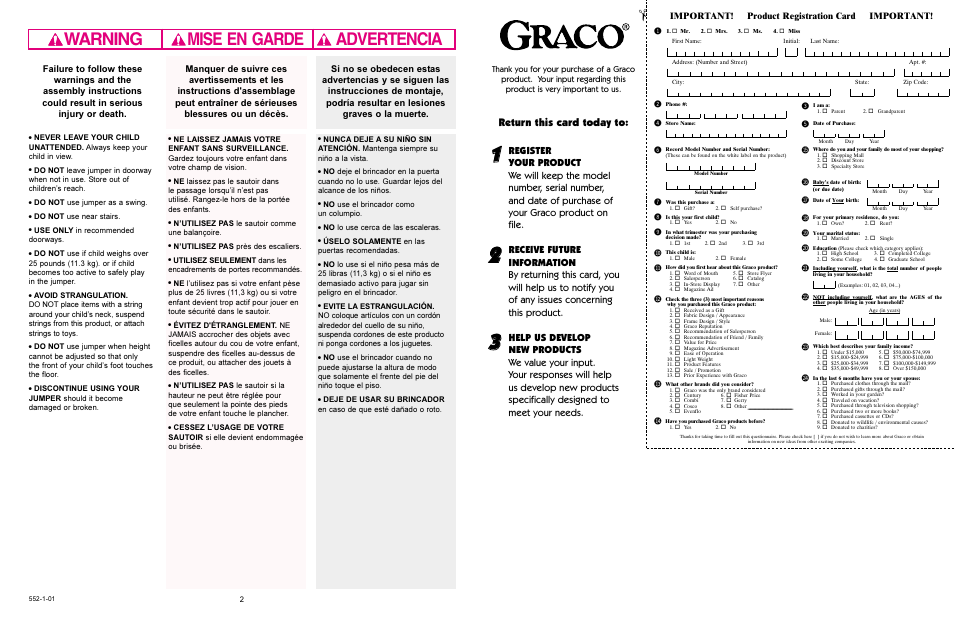 Warning advertencia mise en garde, Bm bl bn bt bu bs br bq bo bp cl cm cn co cp, Return this card today to | Important! product registration card important | Graco 8750 User Manual | Page 11 / 11