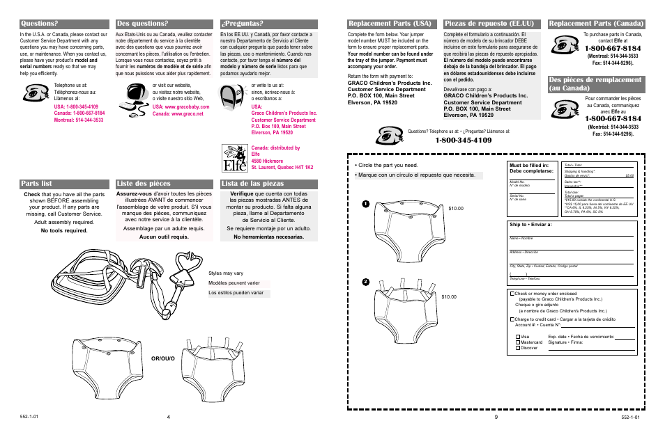 Parts list liste des pièces lista de las piezas, Replacement parts (canada), Des pièces de remplacement (au canada) | Graco 8750 User Manual | Page 4 / 11