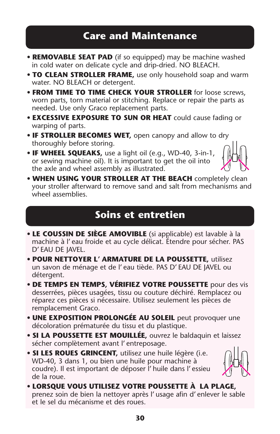 Care and maintenance, Soins et entretien | Graco Alano 1751552 User Manual | Page 30 / 112