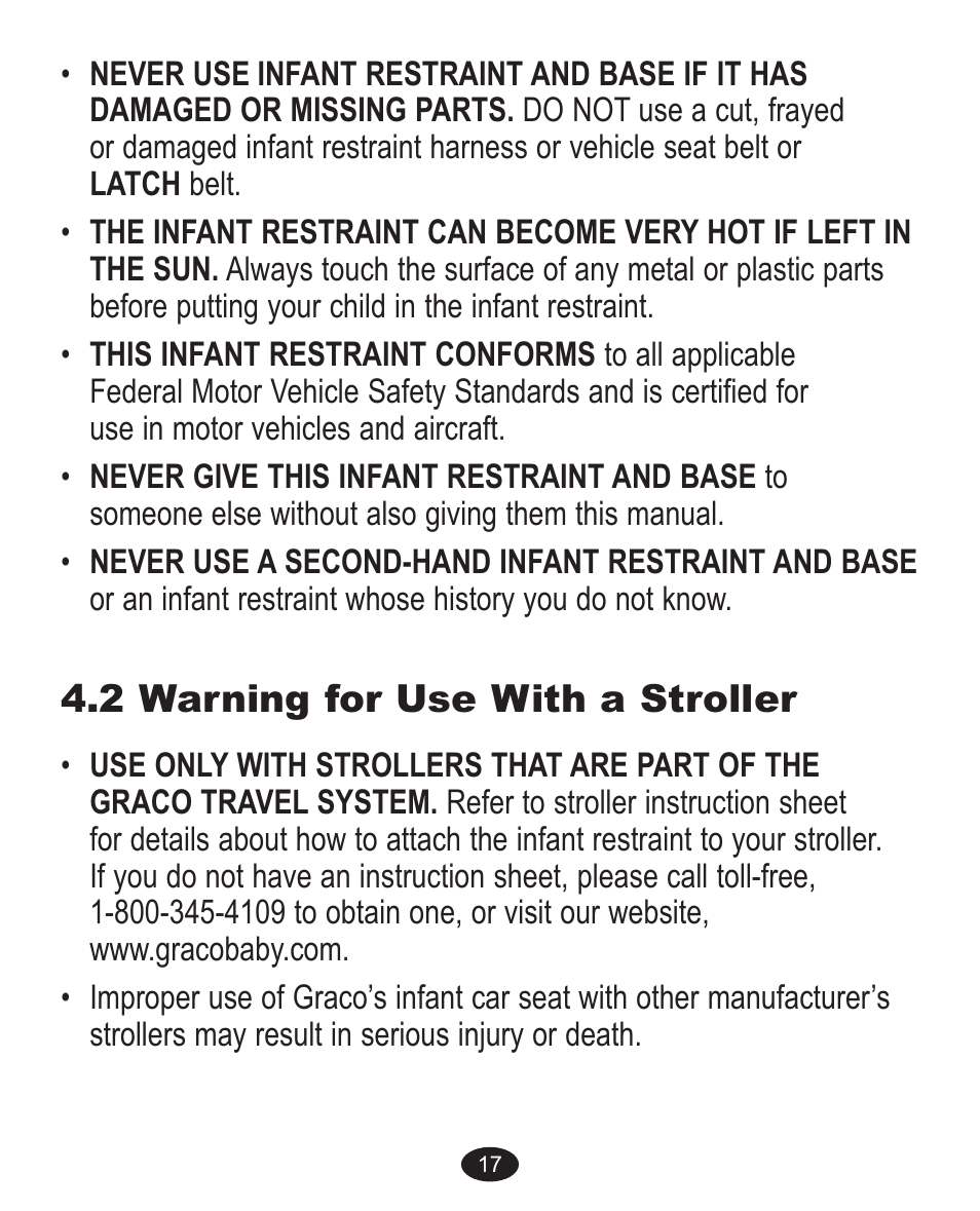 2 warning for use with a stroller | Graco Alano 1751552 User Manual | Page 49 / 112