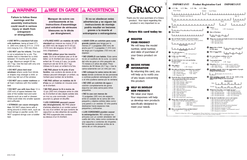 Warning advertencia mise en garde, Bm bl bn bt bu bs br bq bo bp cl cm cn co cp, Return this card today to | Important! product registration card important | Graco 8840 User Manual | Page 11 / 12