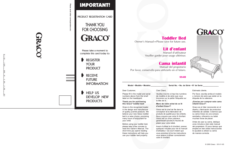 Important, Toddler bed, Lit d’enfant | Cama infantil, Register, Your, Product, Receive, Future, Information | Graco 8840 User Manual | Page 12 / 12