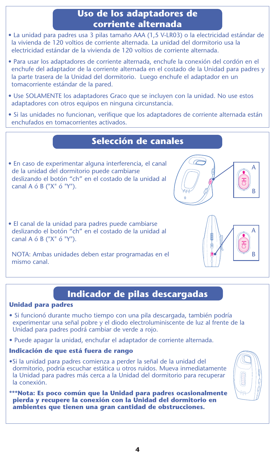 Indicador de pilas descargadas, Selección de canales, Uso de los adaptadores de corriente alternada | Graco 2L02VIB User Manual | Page 10 / 12