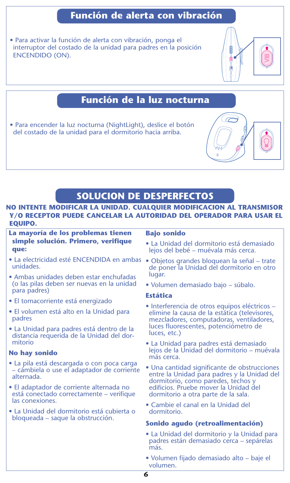 Función de alerta con vibración, Función de la luz nocturna, Solucion de desperfectos | Graco 2L02VIB User Manual | Page 12 / 12