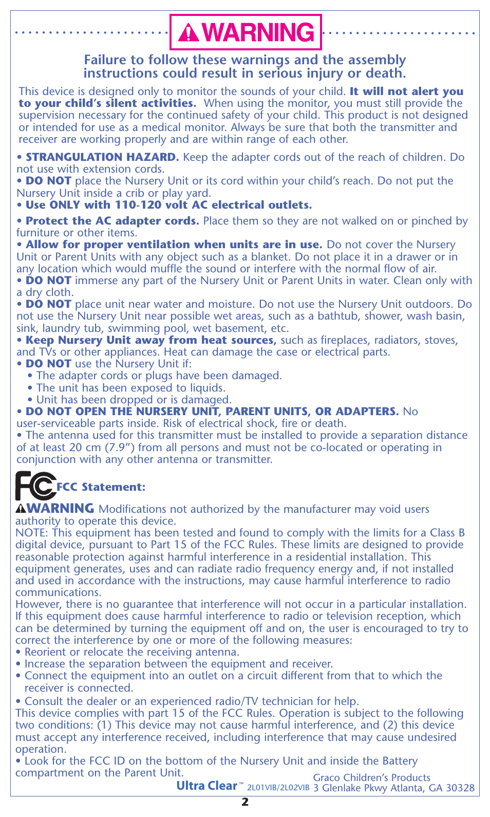 Warning | Graco 2L02VIB User Manual | Page 2 / 12