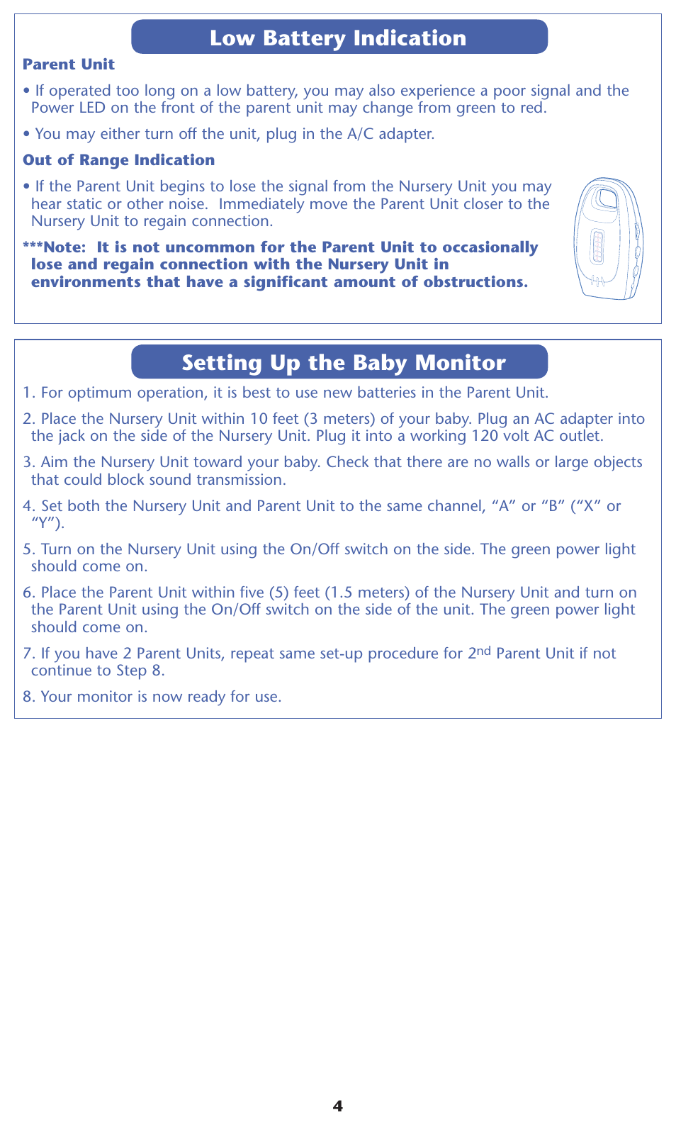 Low battery indication, Setting up the baby monitor | Graco 2L02VIB User Manual | Page 4 / 12