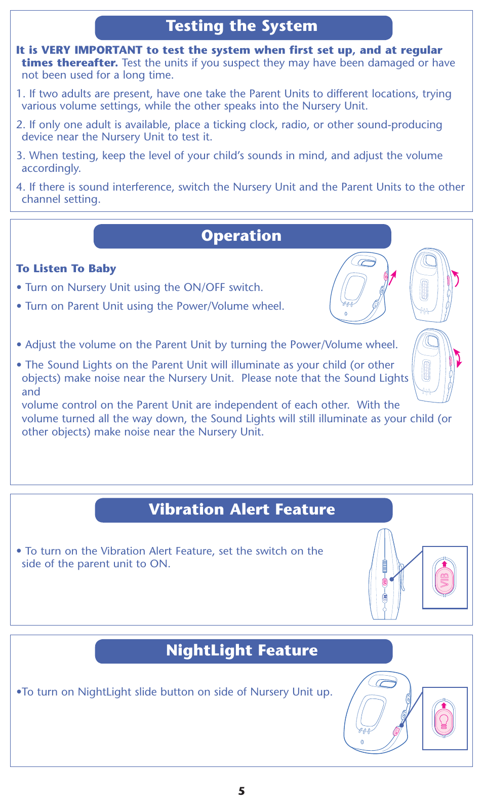 Operation, Testing the system, Vibration alert feature | Nightlight feature | Graco 2L02VIB User Manual | Page 5 / 12