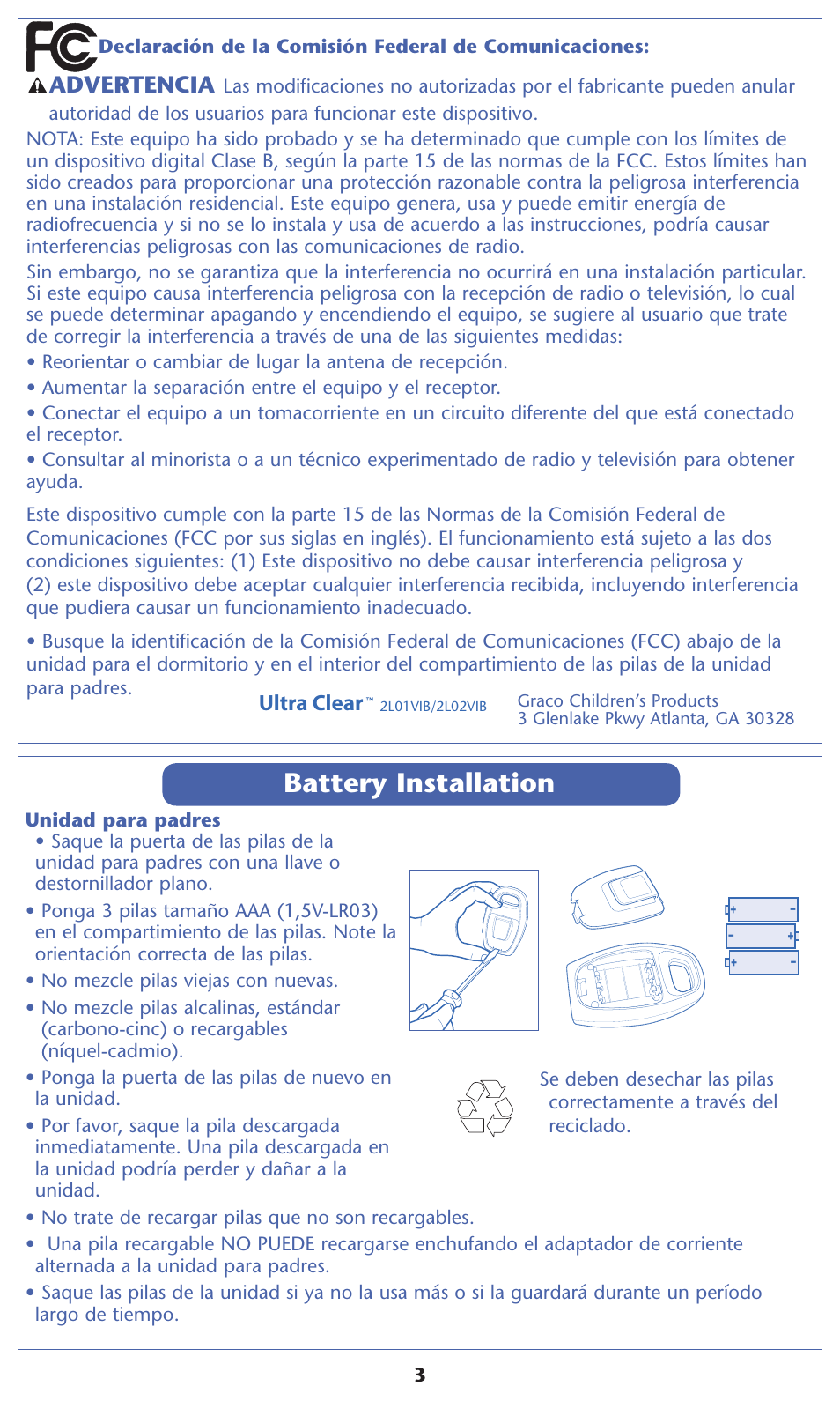 Battery installation, Advertencia, Ultra clear | Graco 2L02VIB User Manual | Page 9 / 12