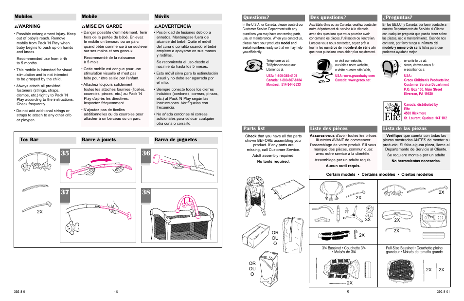 Parts list liste des pièces lista de las piezas, Questions? des questions? ¿preguntas, Mobiles mobile móvils | Toy bar barre à jouets barra de juguetes | Graco 9500 User Manual | Page 16 / 19