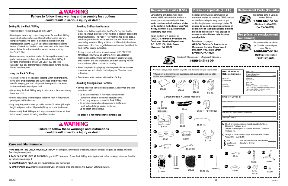 Warning, Replacement parts (usa) piezas de repuesto (ee.uu), Replacement parts (canada) | Des pièces de remplacement (au canada), Care and maintenance, Setting up the pack ’n play, Using the pack ’n play, Avoiding suffocation hazards, Avoiding strangulation hazards | Graco 9500 User Manual | Page 2 / 19
