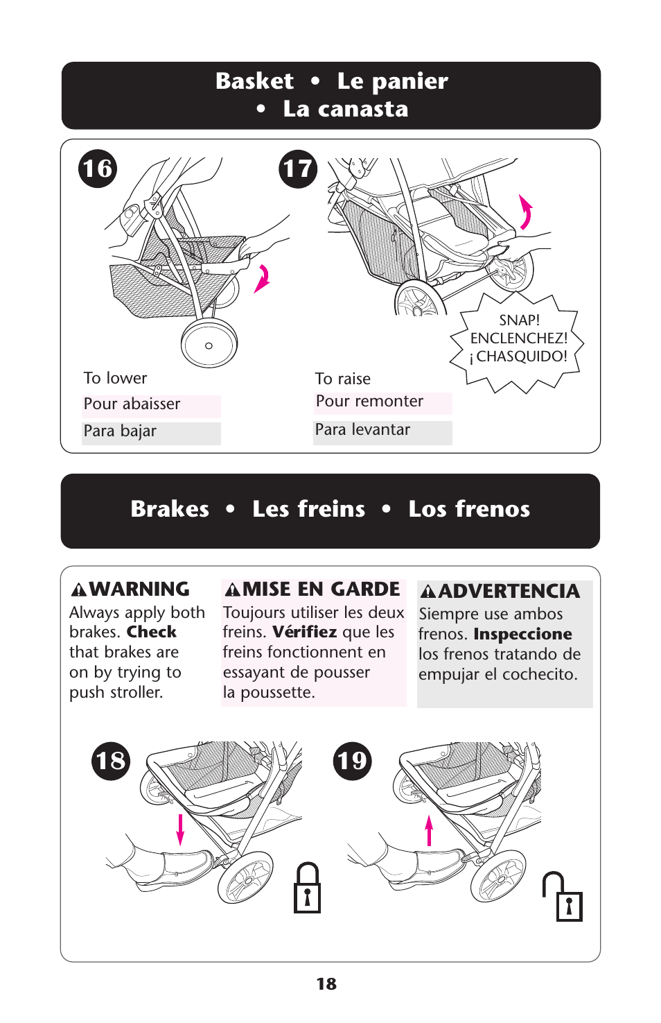 Basket • le panier • la canasta, Brakes • les freins • los frenos | Graco ISPA338AA User Manual | Page 18 / 32