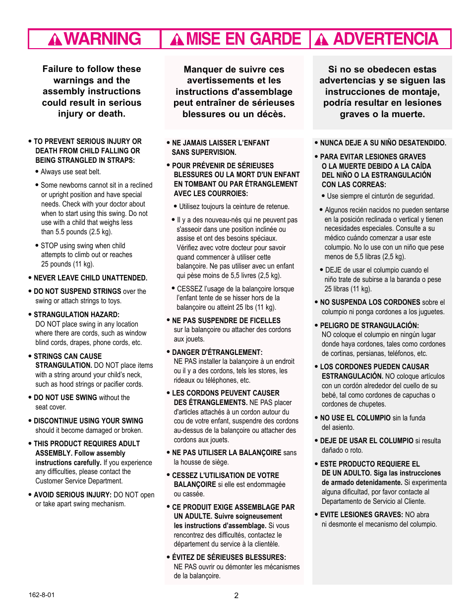 Warning advertencia mise en garde | Graco WING 11432WWD User Manual | Page 2 / 13