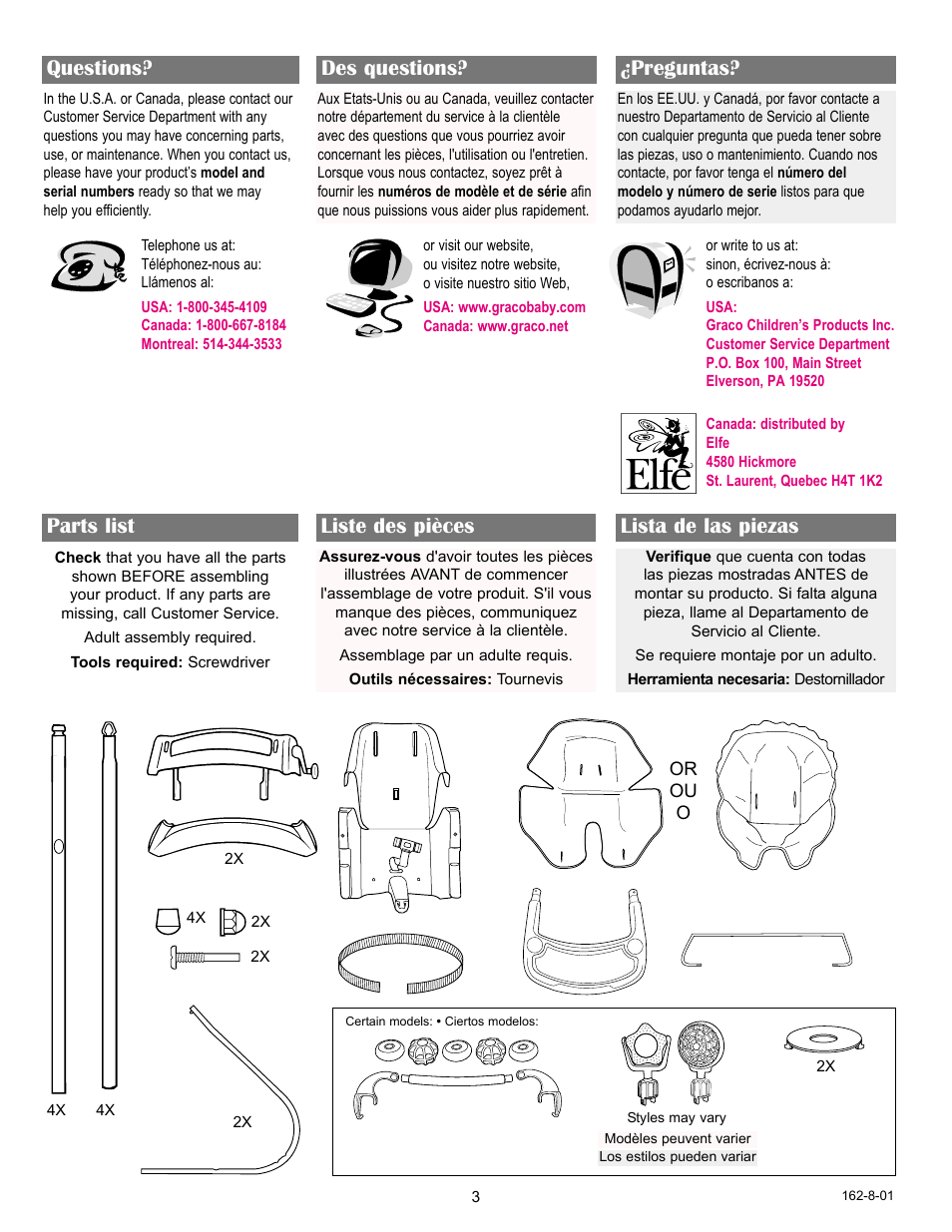 Parts list liste des pièces lista de las piezas, Questions? des questions? ¿preguntas | Graco WING 11432WWD User Manual | Page 3 / 13