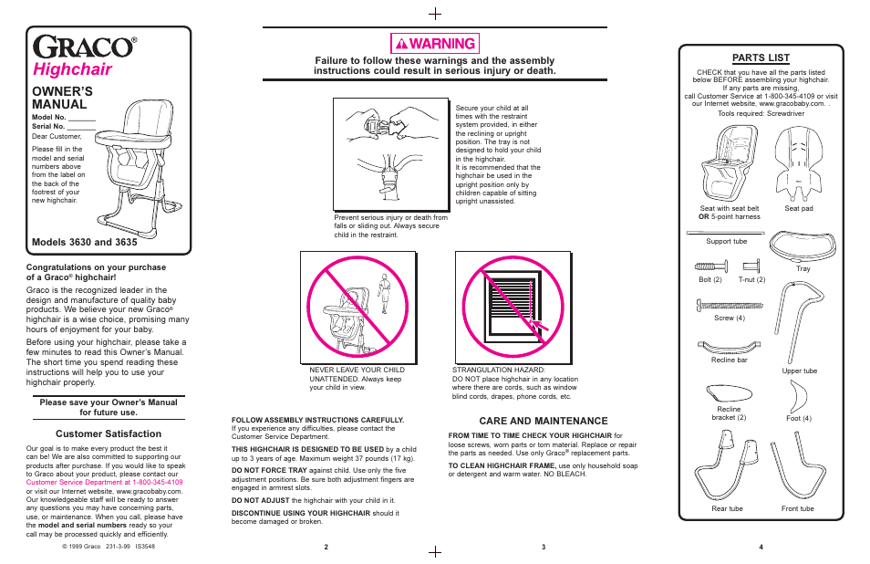 Highchair, Owners manual, Customer satisfaction | Care and maintenance, Parts list | Graco 3630 User Manual | Page 2 / 6