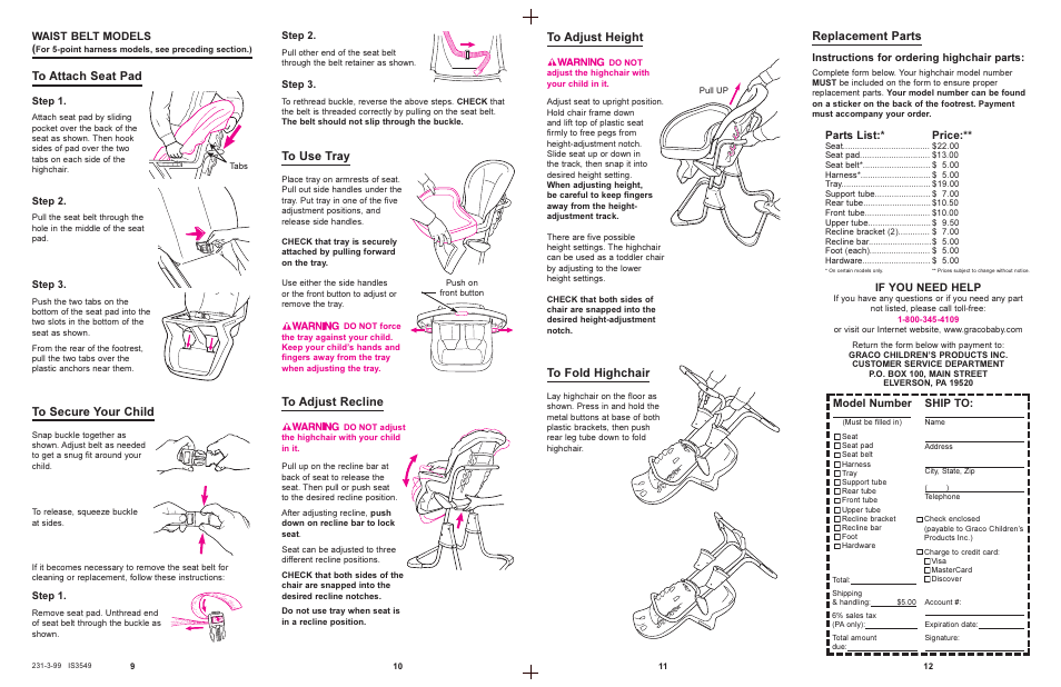 Replacement parts, If you need help, Model number | Ship to, Parts list, Price, Waist belt models, Instructions for ordering highchair parts | Graco 3630 User Manual | Page 5 / 6