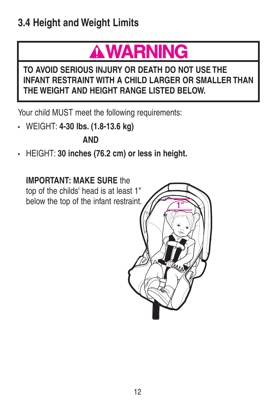 4 height and weight limits | Graco SnugRide 1778253 User Manual | Page 12 / 96
