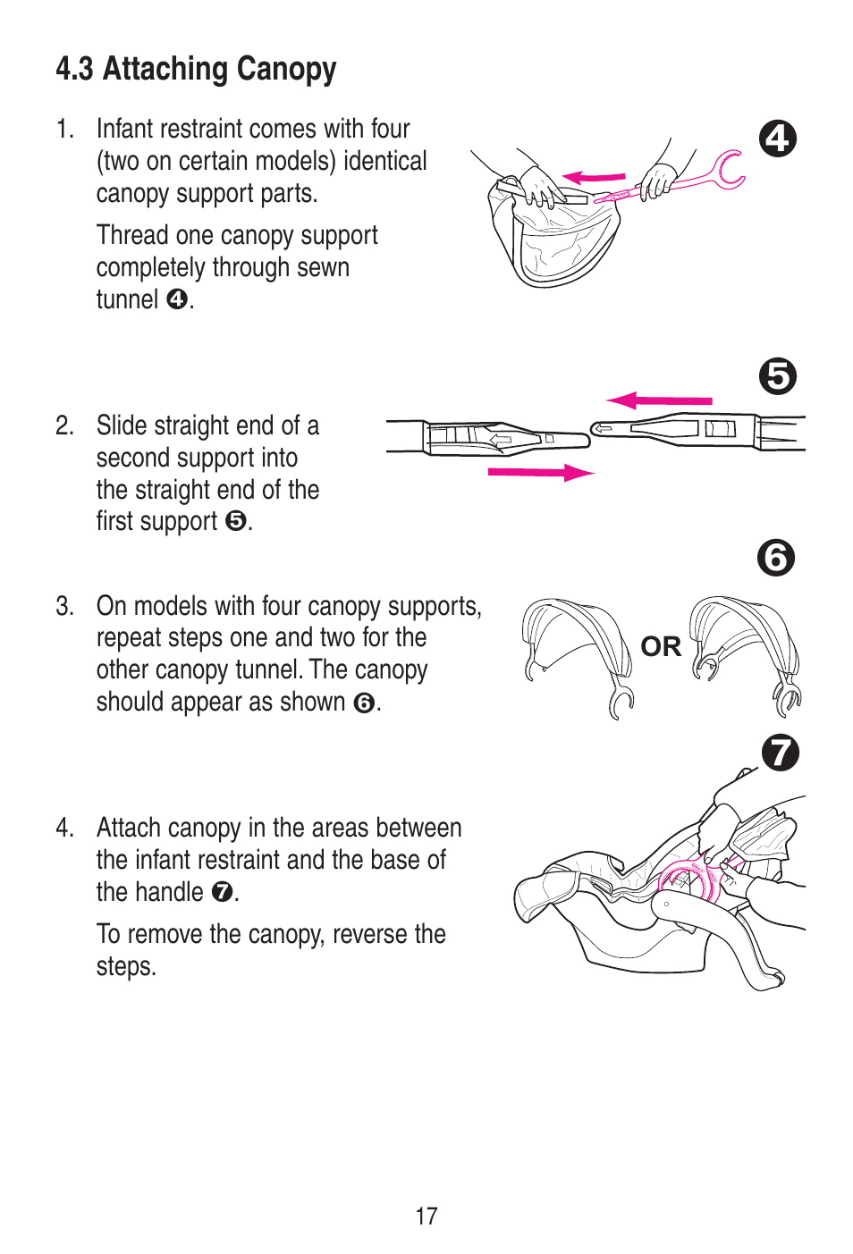 3 attaching canopy | Graco SnugRide 1778253 User Manual | Page 17 / 96