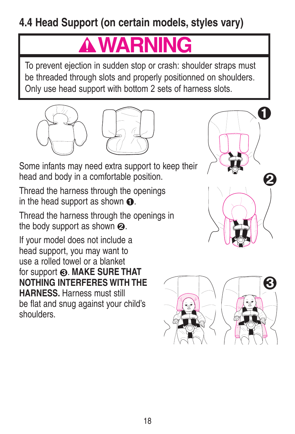 4 head support (on certain models, styles vary) | Graco SnugRide 1778253 User Manual | Page 18 / 96