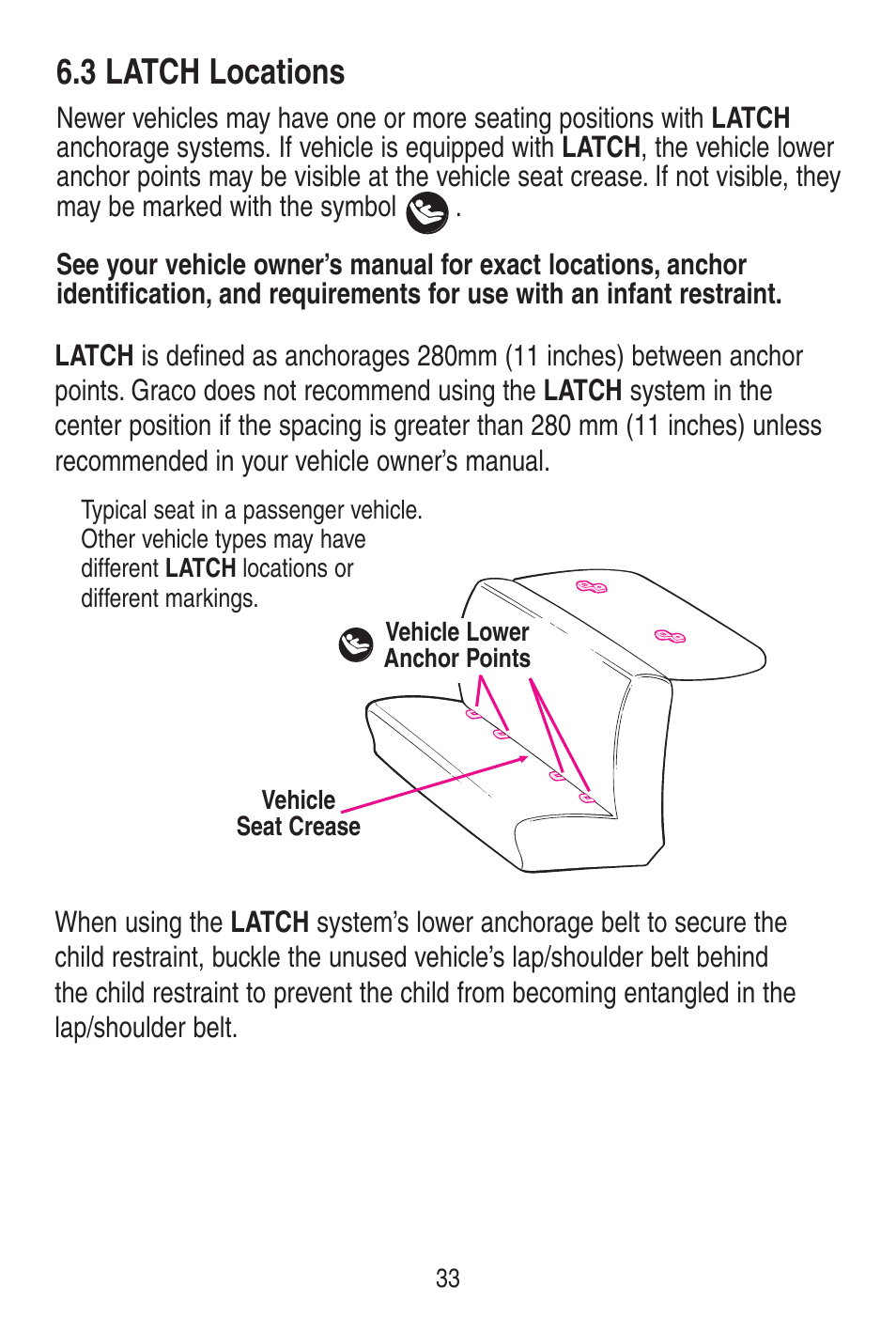 3 latch locations | Graco SnugRide 1778253 User Manual | Page 33 / 96