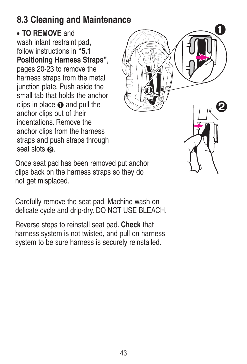 3 cleaning and maintenance | Graco SnugRide 1778253 User Manual | Page 43 / 96