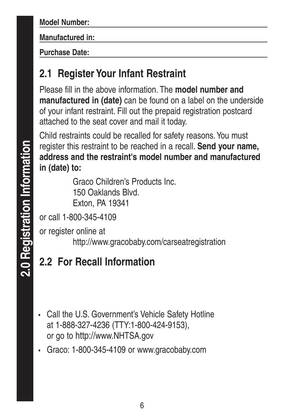 1 register your infant restraint, 2 for recall information | Graco SnugRide 1778253 User Manual | Page 6 / 96