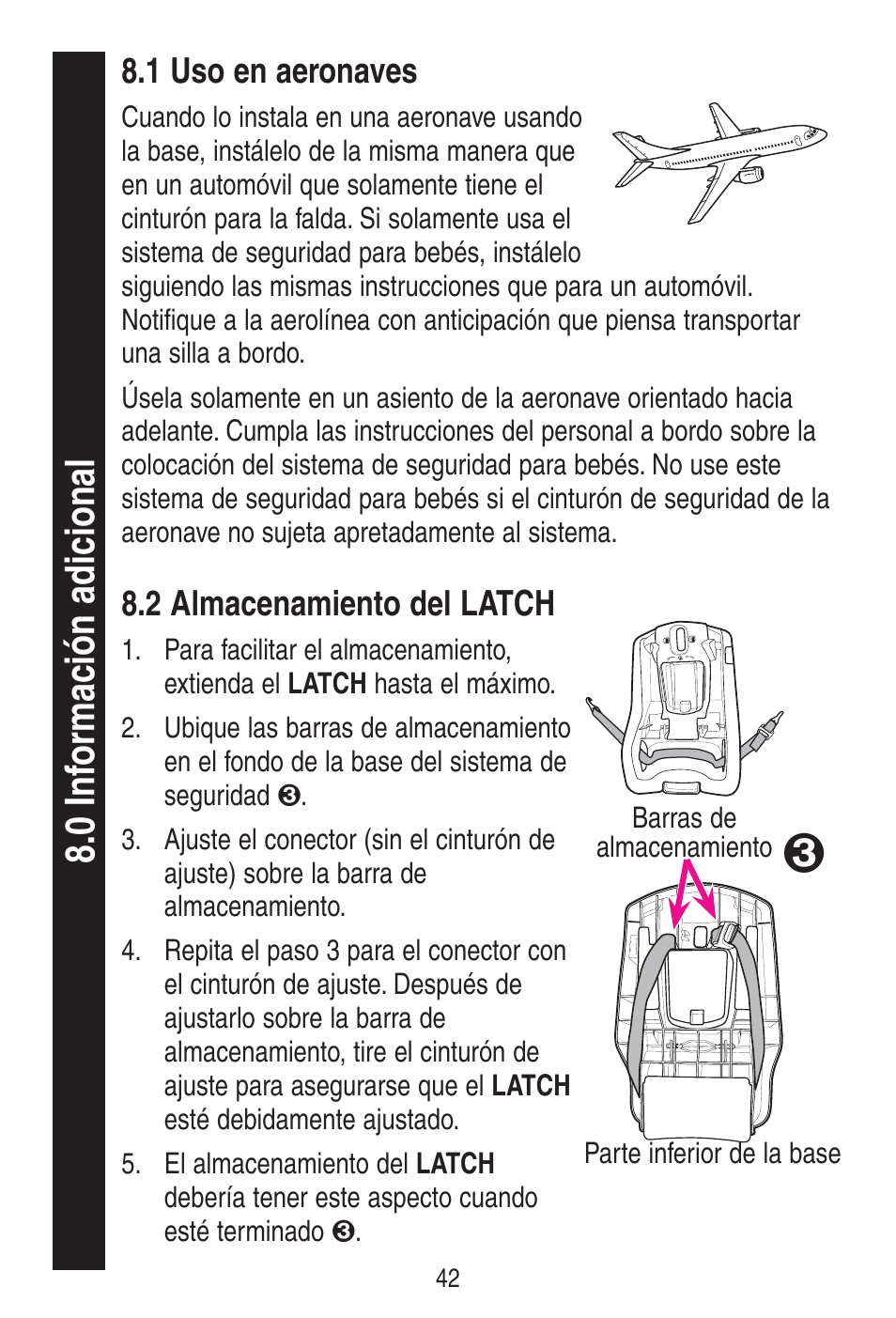 1 uso en aeronaves, 2 almacenamiento del latch | Graco SnugRide 1778253 User Manual | Page 90 / 96