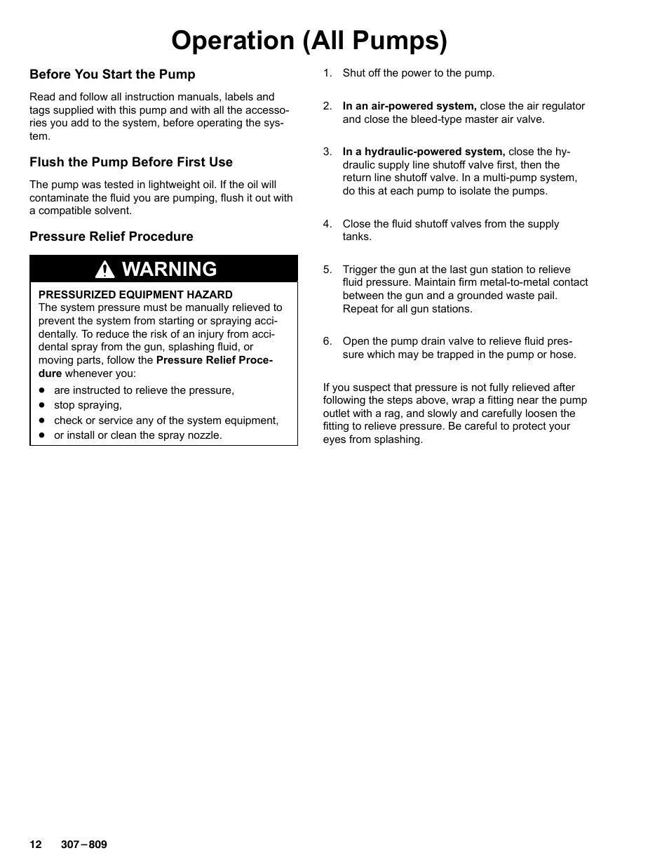 Operation (all pumps), Warning | Graco HIGH-FLO 220-569 User Manual | Page 12 / 48