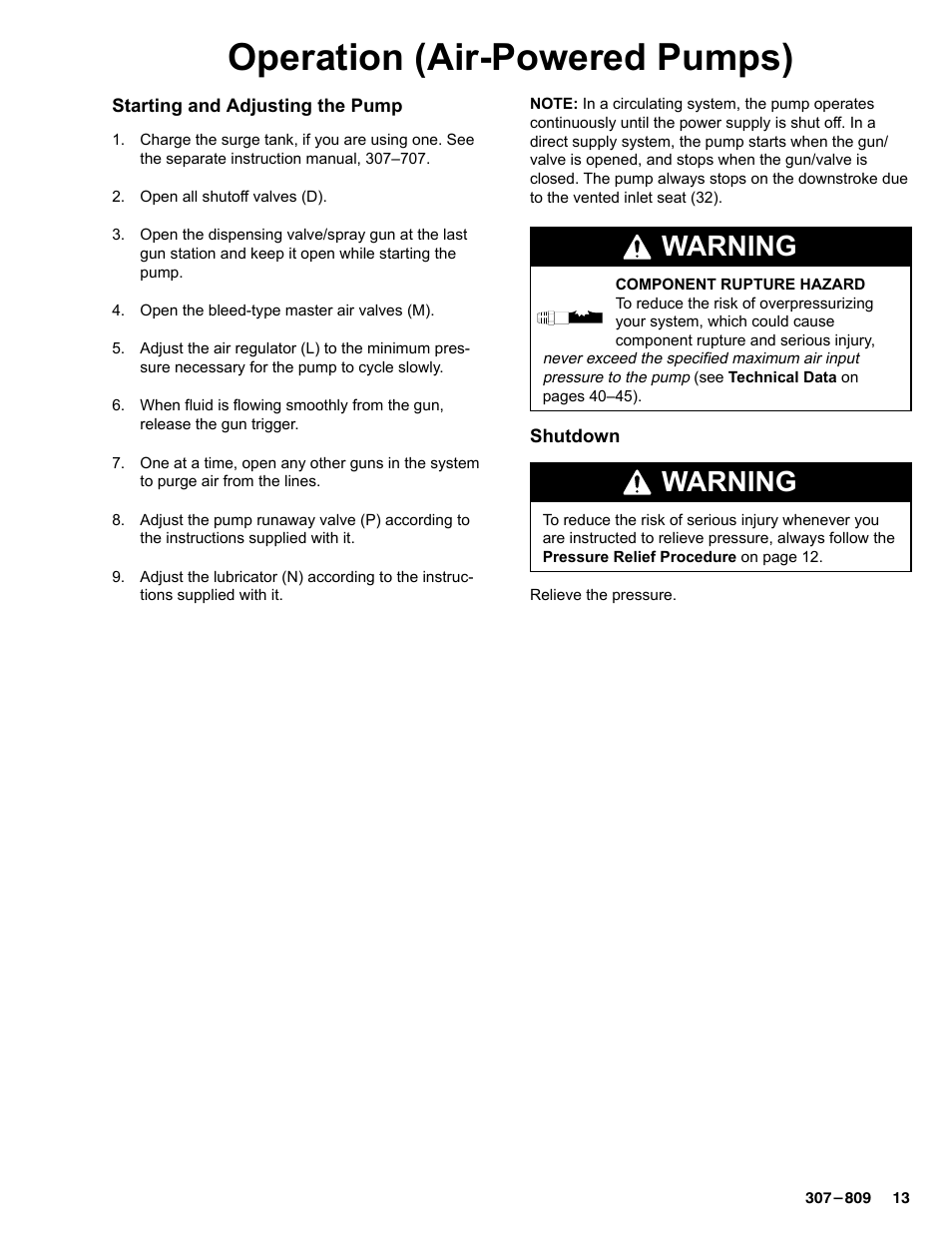 Operation (air-powered pumps), Warning | Graco HIGH-FLO 220-569 User Manual | Page 13 / 48