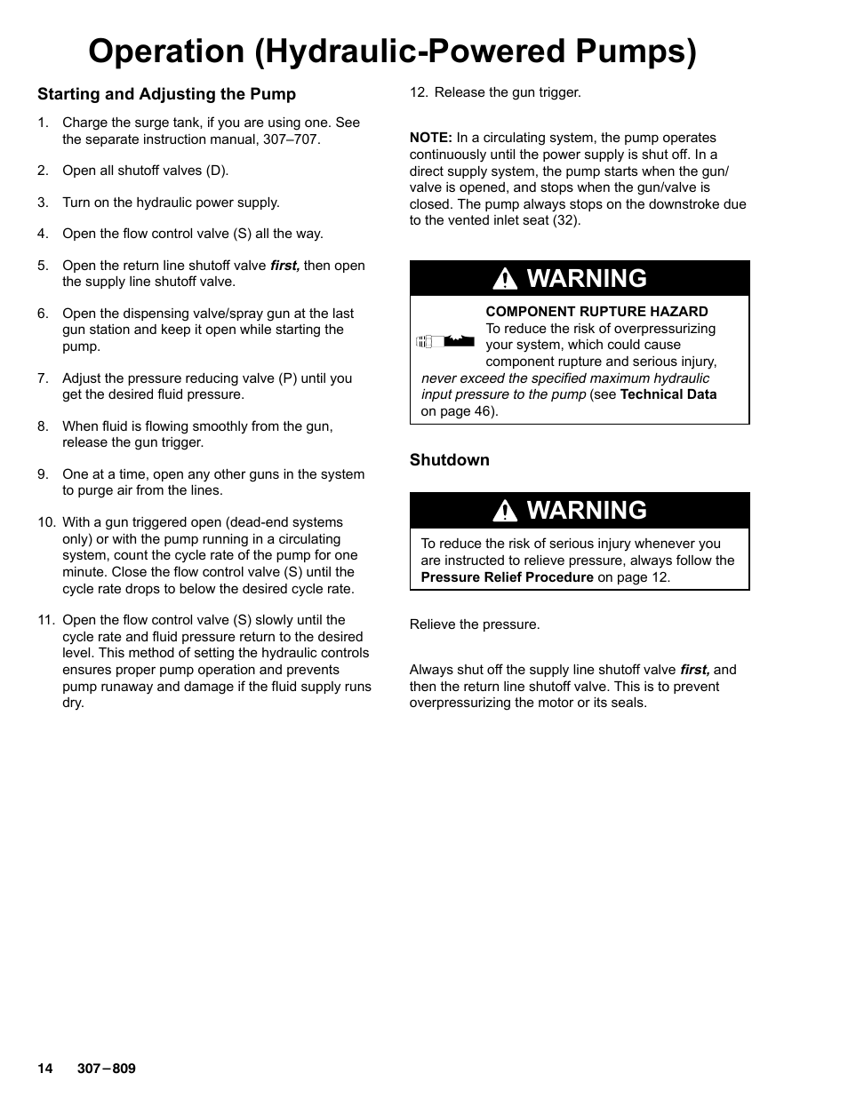Operation (hydraulic-powered pumps), Warning | Graco HIGH-FLO 220-569 User Manual | Page 14 / 48