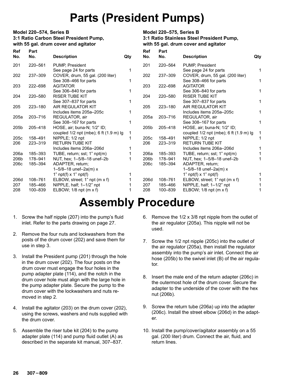 Parts (president pumps), Assembly procedure | Graco HIGH-FLO 220-569 User Manual | Page 26 / 48