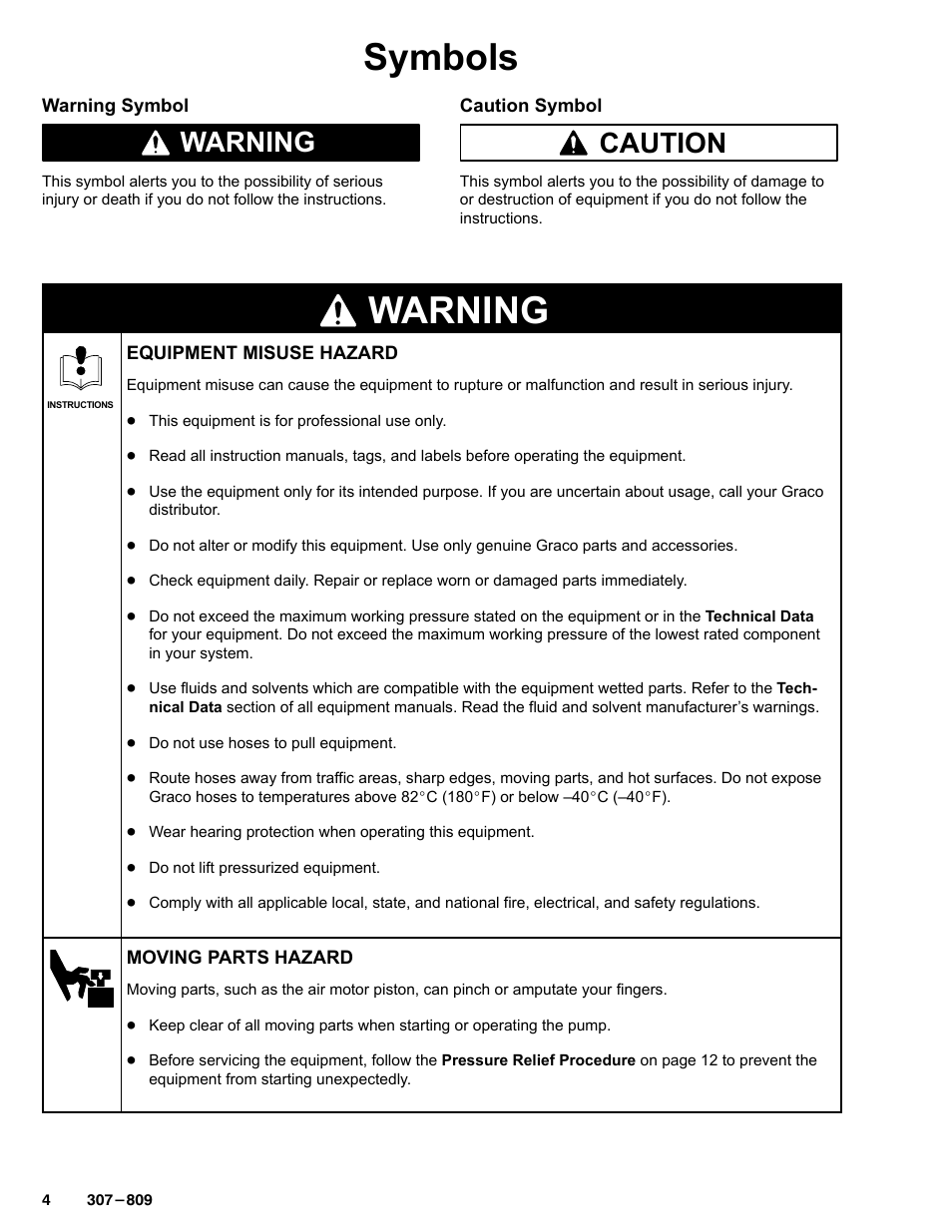 Symbols, Warning, Caution | Graco HIGH-FLO 220-569 User Manual | Page 4 / 48