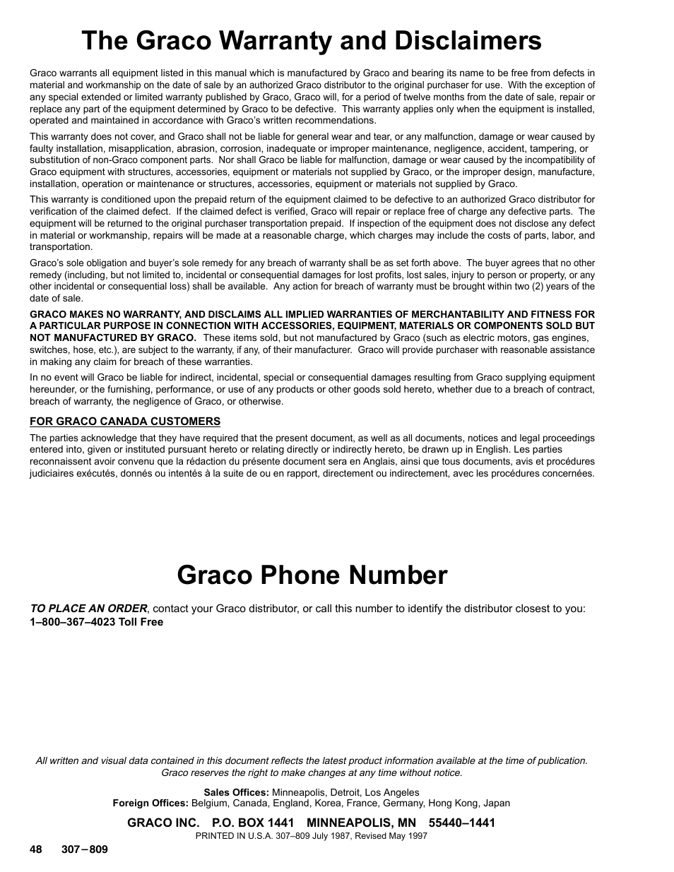 The graco warranty and disclaimers, Graco phone number | Graco HIGH-FLO 220-569 User Manual | Page 48 / 48