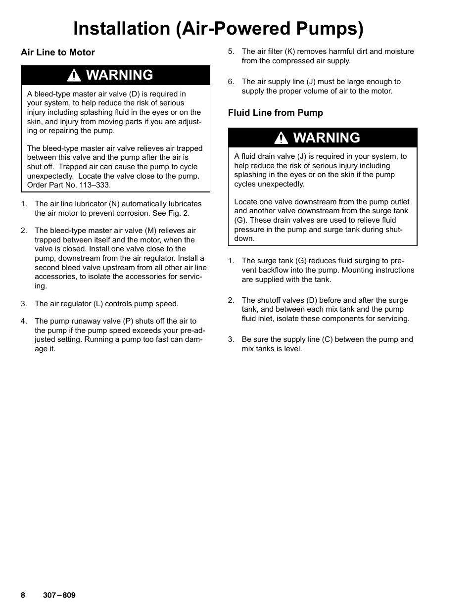 Installation (air-powered pumps), Warning | Graco HIGH-FLO 220-569 User Manual | Page 8 / 48